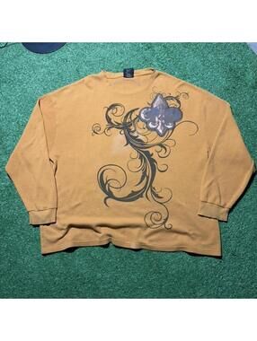 Vintage Old Skool Thermal Graphic Shirt Mens 3XL Fleur De Lis Y2K Gothic Orange